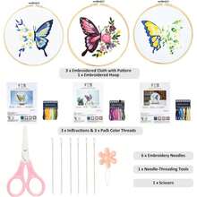 3 Piece Butterfly Embroidery Set For Beginners, Complete Kit With Hoop, Fabric, Thread & Tools,  DIY Cross Stitch Craft, Cute Christmas, Halloween Gift For Art & Sewing Enthusiasts - 彩色 - 查看 2