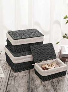 3pcs/2pcs/1pc Woven Baskets With Handles, Can Store Cosmetics, Keys, Snacks, For Living Room, Entryway, Home Decor, Woven Box, Wedding Gift Decor Basket, Autumn Decor Storage, Back To School Supplies, Bedroom Organizer Basket, Holiday Gift Storage Basket, Ideal Gift Basket (Black)