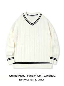 Maglione a maniche lunghe casual e ampio da uomo con scollo a V e motivo a righe, lavorazione a trecce, versatile per l'autunno e l'inverno