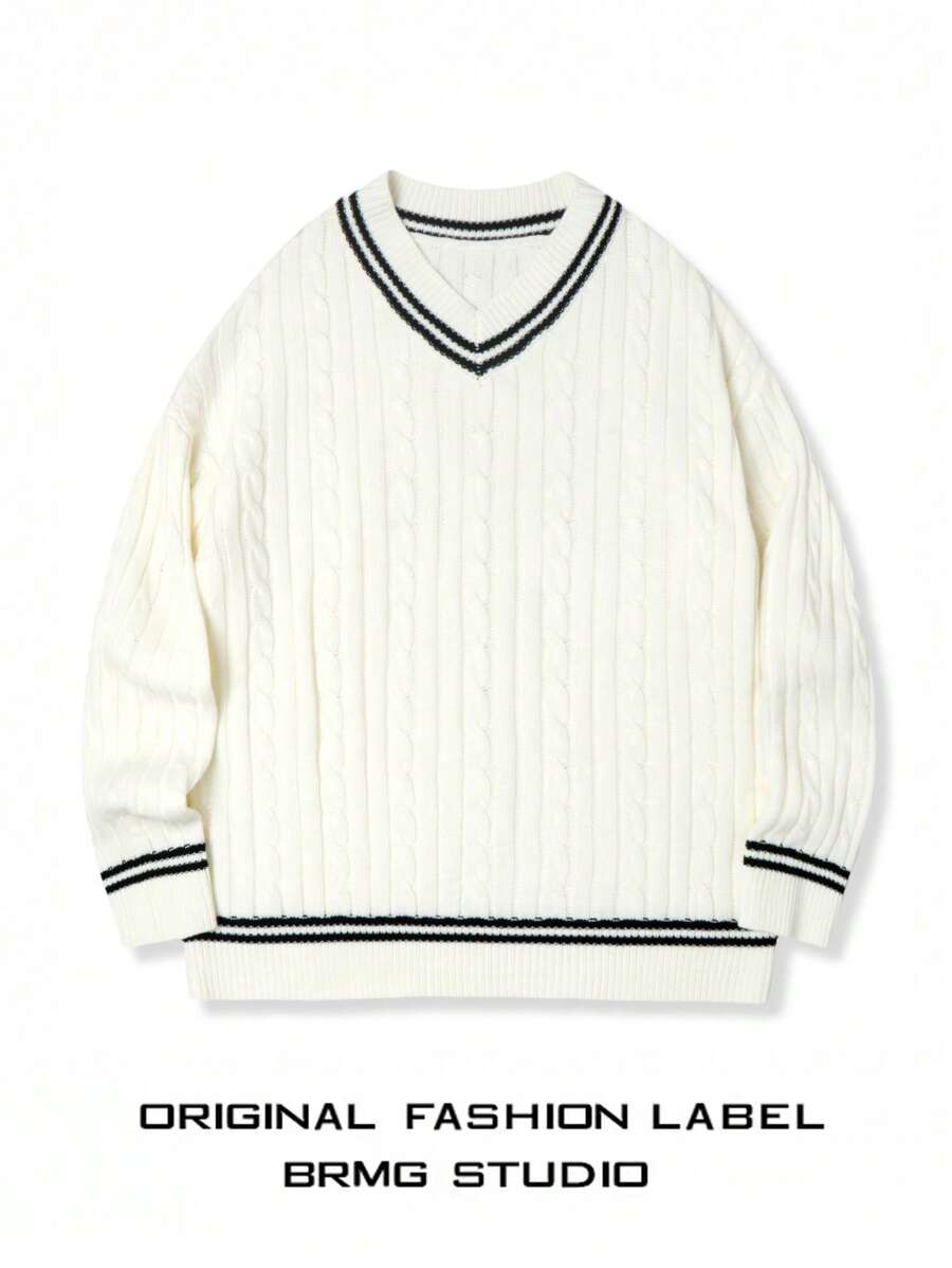 Maglione a maniche lunghe casual e ampio da uomo con scollo a V e motivo a righe, lavorazione a trecce, versatile per l'autunno e l'inverno