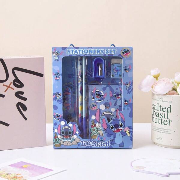 Disney Juego de 5 piezas de artículos de papelería con temática de Stitch y estrellas de Disney, que incluye regla, lápiz, suministros de dibujo creativos en caja de regalo, para útiles escolares, de vuelta a clases