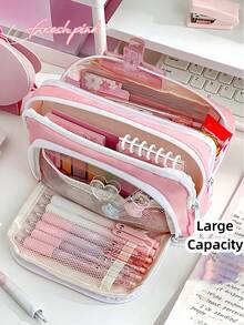 1pc Beige Pencil Case, Large Capacity 3-Compartment Storage Bag, Suitable For Office, School And Students - Multicolor - View 8