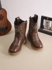 1双儿童时尚休闲牛仔靴，儿童秋冬刺绣中筒复古靴，儿童V型厚筒短靴 - 棕色 - 查看 3