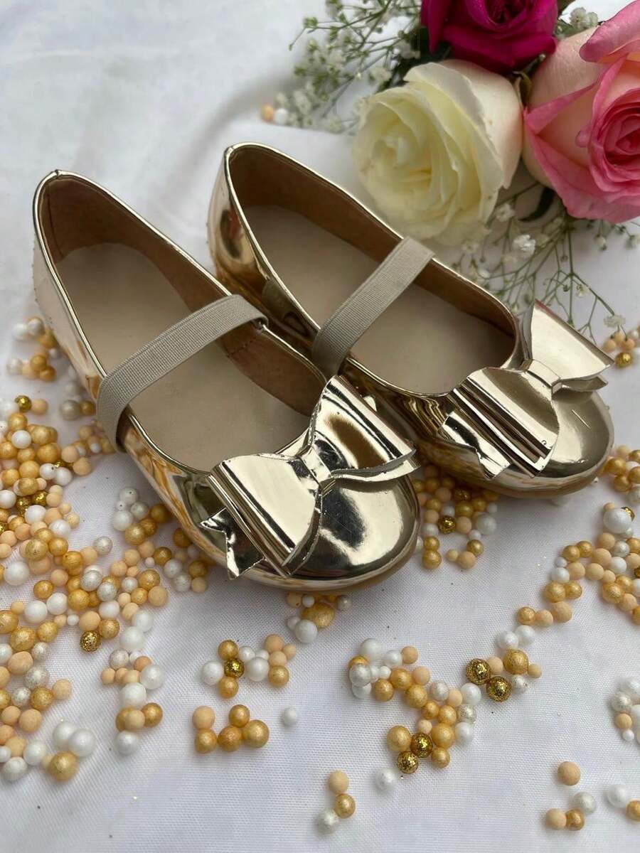 Chicas zapato plano iridiscentes con lazo y cinta elástica para niñas – Estilo moderno y brillante ideal para fiestas, eventos o uso diario, antiderrapantes. - Dorado - Ver 1