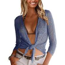 Womens Sheer Shrug Sweaters 3/4 Sleeve Open Front Tie Cardigan Bolero Jacket Lightweight Crochet Knit Cover Up Tops - 牛仔藍 - 查看 1