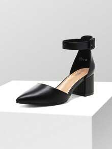 Women's Chunky Closed Toe Low Block Heels Dress Pointed Toe Ankle Strap Wedding Pump Shoes - màu đen - Xem 5