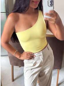 Cropped Top One Shoulder Lined Polyamide High Quality UV50+ Protection Casual Gym - 黃色 - 查看 2