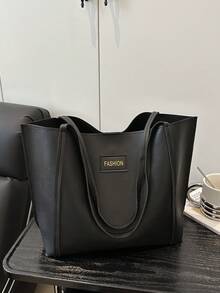 2pcs Women's Solid Color Embroidered Thread Fashion Large Capacity Shoulder Tote Bag With Snap Closure - Black - View 2