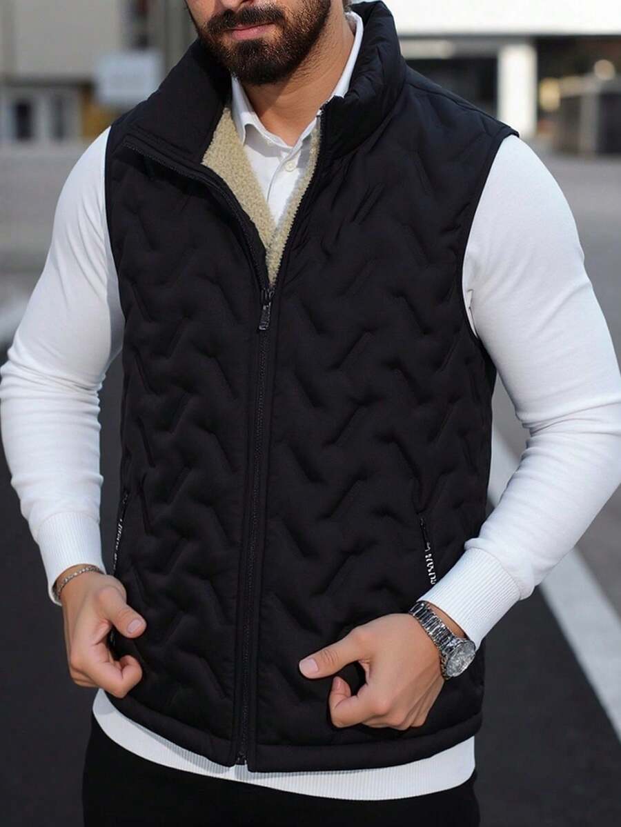 男士加厚抓绒背心，石墨烯保暖内衬 - 冬季保暖无袖外套 - 黑色 - 查看 1