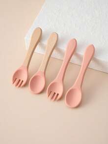 PopLittleOne 4 pezzi Cucchiai e forchette in silicone per bambini, utensili morbidi per bambini con manico in legno, accessori per l'alimentazione del bambino, articoli per bambini, accessori per l'alimentazione del bambino di colore solido