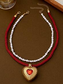 1 件时尚金属心形水钻装饰红绳吊坠项链，1 件仿珍珠颈链，适合女士休闲、约会、派对、礼物，新款珠宝项链