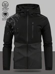 男士长袖抽绳连帽防水休闲多口袋拉链防风夹克，适合日常穿着，秋季百搭 - 灰色 - 查看 7