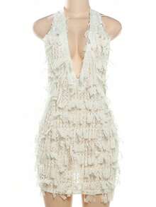 轻盈透明夏季性感露背系带V领紧身迷你连衣裙，适合海滩度假 - 白色 - 查看 8