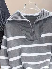 女式拉链条纹针织毛衣，秋冬季百搭打底衫 - 灰色 - 查看 4