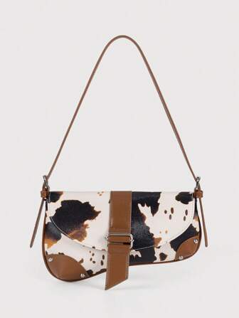 动物印花腋下包，奶牛印花铆钉摩托车风格单肩包，奶牛圆点印花女士托特包，休闲腋下包，Y2K流浪包，新月包，少女街头风格，节日礼物，派对，日常装扮，工作。奶牛印花包，女士休闲奶牛印花图案钱包，优雅女士包袋