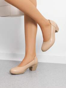 Women's Low Chunky Heels Comfortable Block Work Pumps Closed Round Toe Dress Shoes For Office Business - Apricot - View 2
