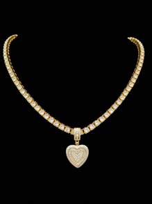 1pc Cubic Zirconia Heart Pendant With 5mm Tennis Chain, Unisex Hip Hop Vintage Pendant Necklace, Suitable For Daily Wear Or Party, Gift For Valentine