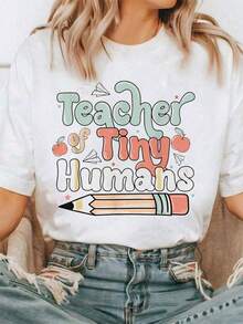 Teacher Of Tiny Humans Kindergarten Preschool Teacher School T-Shirt Comfort Tshirt Women - 白色 - 查看 1