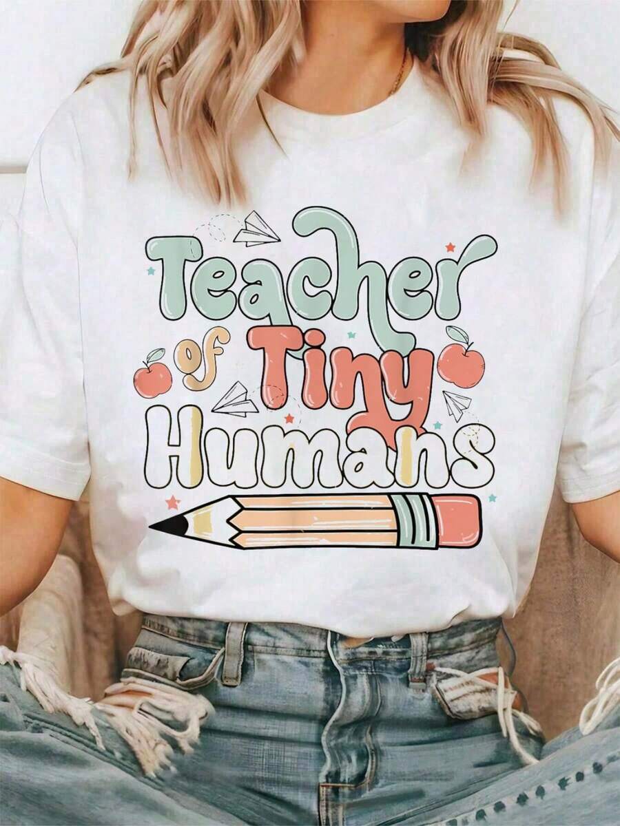 Teacher Of Tiny Humans Kindergarten Preschool Teacher School T-Shirt Comfort Tshirt Women - 白色 - 查看 1