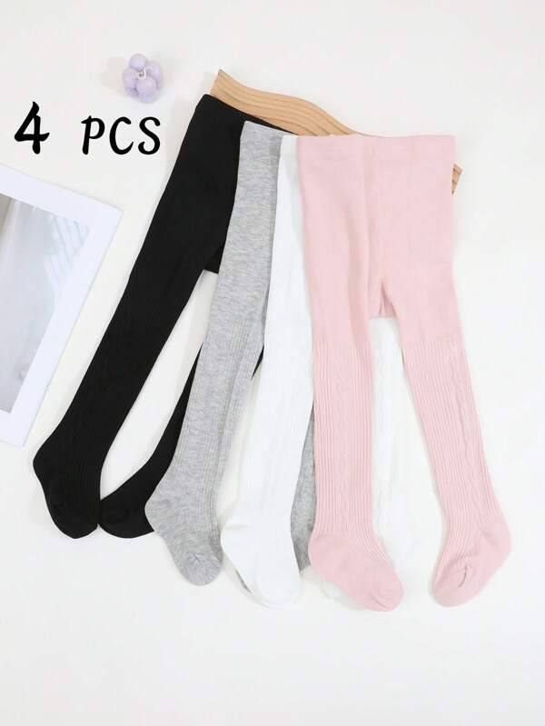 4 Pairs Girls' Vertical Striped Leggings, Solid Color Twist Pattern Tight Pants, Soft & Comfortable, Suitable For Daily Wear All Seasons