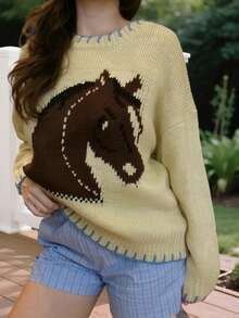 Women Casual Loose Sweaters Cute Horse Head Warm Pullover Basic Knitwear For Fall Streetwea
