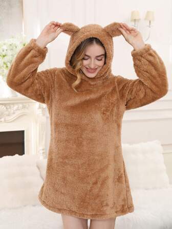 Women's Autumn/Winter New Cat Ear Hooded Loose Double-Sided Fleece Long Sleeve Mid-Length Sweatshirt Dress