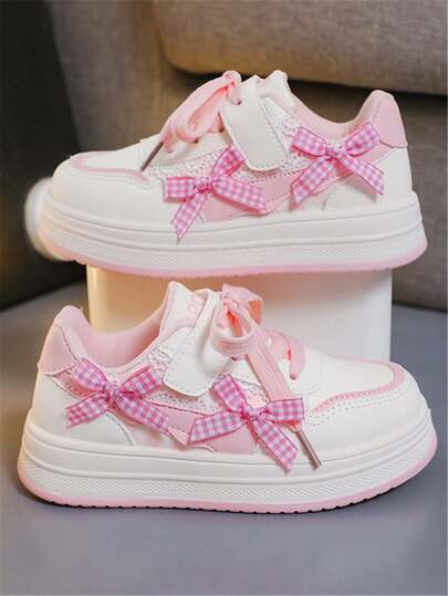 1 Pair Girls' Fashion Soft Bottom Bow Pendant PU Outdoor Non-Slip Wear-Resistant Academy Style Cute Flat Sports Shoes, Suitable For All Seasons