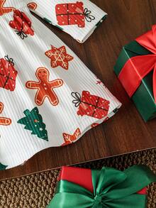 Baby Girl Christmas Digital Print Dress, Spring/Autumn - White - View 4