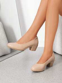 Women's Low Chunky Heels Comfortable Block Work Pumps Closed Round Toe Dress Shoes For Office Business - Apricot - View 3