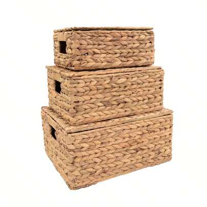 1 件/3 件（S+M+L）带盖矩形柳条收纳篮，波西米亚风格水葫芦编织收纳篮，内置手柄，手工编织收纳篮，用于客厅架子，卫生纸，桌面杂物，玩具，钥匙，化妆品，客厅装饰，带手柄收纳篮，用于衣柜、书桌、书架的储物箱，玩具整理