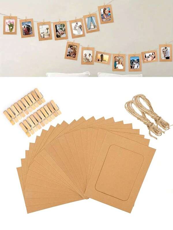 21 Stücke/1 Set - Papier Fotorahmen, lebendiger Papier Fotorahmen Clip Girlande - Kraftpapier Hänge Bilderrahmen zum Aufhängen von 4x6 Zoll Fotos, 10 Papier Bilderrahmen mit 10 Holzklammern und 1 Hanfseil Set, für Heim, Schule, Büro Wanddekoration, Thanksgiving Dekoration, Halloween Dekoration, Weihnachtsdekoration
