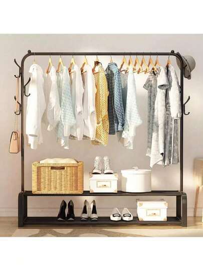 110x33x150cm Clothes Rail Heavy Duty Clothing Rail For Bedroom Metal Garment Rack  Clothing Rack With 2 Tier Shoe Storage Shelf And 6 Side Hooks Coat Rack Hanging Rail For Clothes