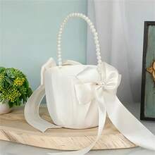 Bộ 1 giỏ hoa và gối đựng nhẫn cho bé gái cầm hoa, giỏ satin màu ngà có nơ, thích hợp cho đám cưới kiểu phương Tây, giỏ hoa để cô dâu và phù dâu tung hoa, trang trí tiệc cưới, tiệc mừng em bé. - trắng - Xem 11