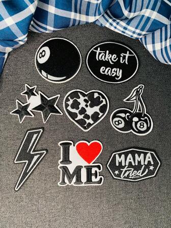 1 Set Of 3/8pcs Black And White English Letter Series Embroidery Patch Cute Fashion Polyester Badge Applique DIY Clothing Iron On Patches Sew Accessory Cloth Stickers Suitable For Backpacks, Jeans, Jackets, T-Shirts, Hats, Dresses, Etc