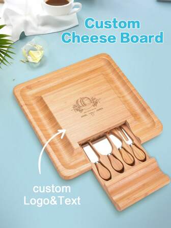 Custom Bamboo Cheese Platter And Knife Set, Wooden Tray For Serving Food, Meat And Cheese, Personalized Gift For Family, Housewarming Gift, Couple Wedding Gift, Birthday Gift For Women