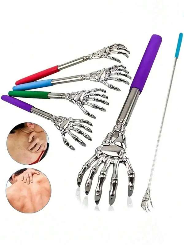 1 PIEZA Rascador de espalda extensible, Rascadores de espalda de acero inoxidable, Rascadores de espalda telescópicos portátiles con mango de goma, Diseño de mano de esqueleto, Herramientas telescópicas portátiles para alivio instantáneo, Para regalos de Acción de Gracias, cumpleaños, Navidad, Halloween, Regreso a la escuela