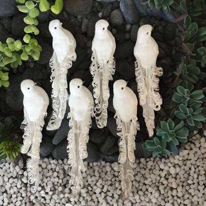 1/6/12 piezas Decoración de jardín realista de pájaros de plumas rizadas, ornamento de jardín exterior, pequeño pájaro artificial de plumas blancas de Navidad, accesorio de jardinería, decoración de jardín exterior, ornamento artesanal, figura de pájaro falso, paisaje de jardín