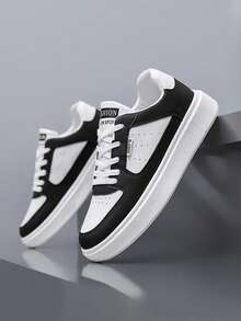 2025 Autumn Men's Black & White Solid Color Sneakers, Casual Sporty Breathable Leather & Mesh Lace-Up Outdoor Shoes For Back To School