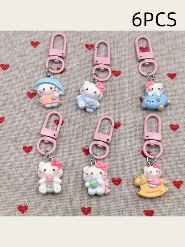 Sanrio Sanrio 6-teiliges Set mit süßen Sanrio Kätzchen Accessoires, rosa Candy KT Schlüsselanhänger, süße Mädchen Dekoration, Geschenk für Paar und Freundinnen, geeignet für Kätzchen-Liebhaber