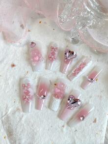 10 Pieces Acrylic Press On Nails,Summer Nails Press On Nails Beach Essentials, Coffin-Shaped Fake Nails, Nail Supplies,Back-To-School Season, Pink Plaster Hugging Bear With A Pink Bow And Heart-Shaped Diamonds, Pink Nails And White Nails,Suitable For Ladies To Use In Weddings, Parties, Holidays, Gift Nail Tools.