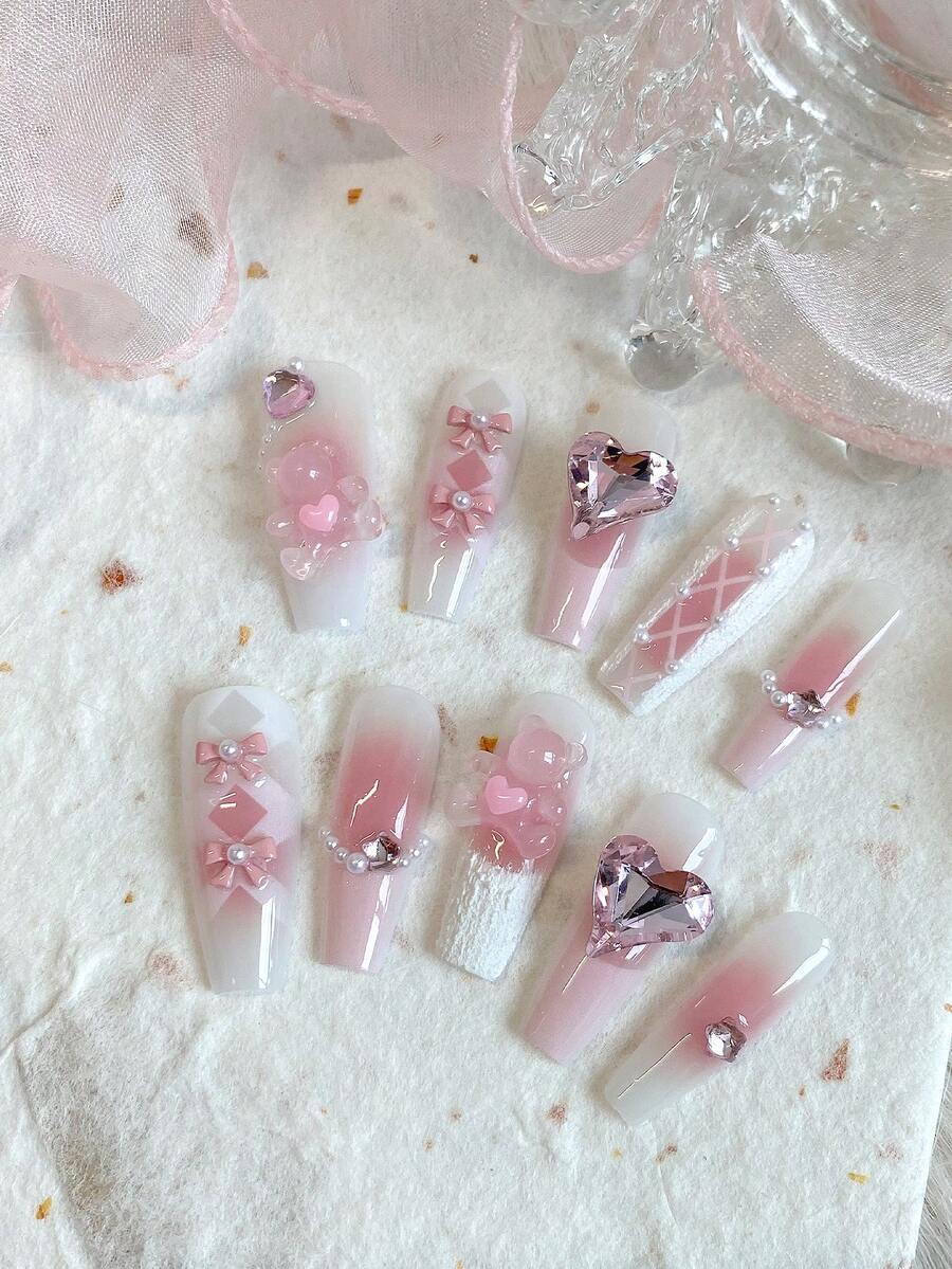 10 Pieces Acrylic Press On Nails,Summer Nails Press On Nails Beach Essentials, Coffin-Shaped Fake Nails, Nail Supplies,Back-To-School Season, Pink Plaster Hugging Bear With A Pink Bow And Heart-Shaped Diamonds, Pink Nails And White Nails,Suitable For Ladies To Use In Weddings, Parties, Holidays, Gift Nail Tools.
