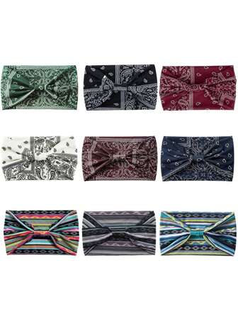 3 pièces Bandeau élastique style bohème pour femmes, accessoires capillaires foulard à large bord motif cachemire