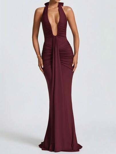 Red Deep V Neck Backless Bodycon Party Club Winter Christmas Dresses Winter Elegant Chic Wedding Dress