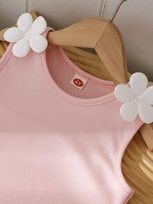 2pcs/Set Girls' Stylish 3D Floral Vest & Plaid Embroidered Capri Pants Set, Summer - Pink - View 3