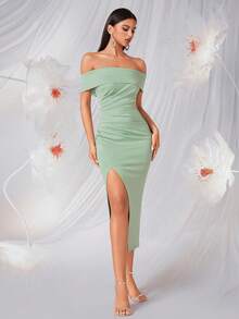 Elisanya Off-Shoulder Ruched Front Slit Backless Party Dress For Women - Green - View 5
