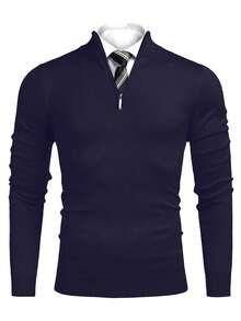 Men's Casual Solid Color Zip-Up Stand Collar Sweater , Fall Winter - Navy Blue - View 3