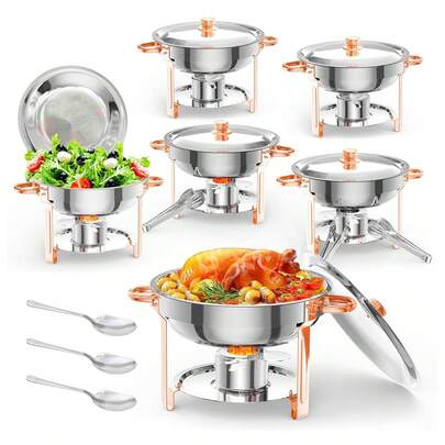 Scaldavivande per buffet, confezione da 4/6, set da buffet rotondo da 5 litri con supporto per coperchio, scaldavivande in acciaio inossidabile e scaldavivande con cucchiaio e pinzette per feste, matrimoni, eventi, banchetti