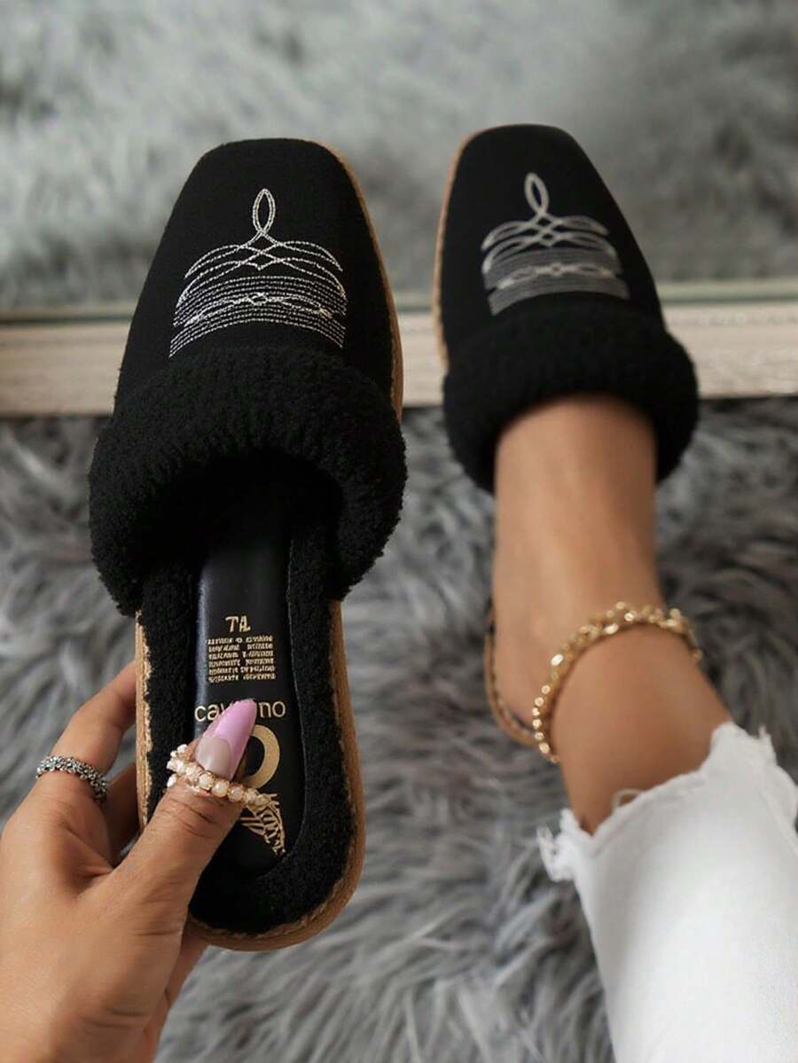 Pantuflas tipo bota de mujer con forro peluche, punta cerrada, bordado elegante, estilo casual para casa - Negro - Ver 1