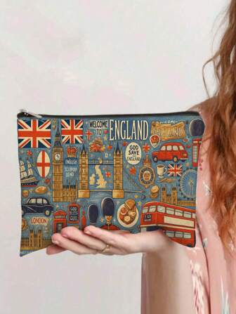 1pc UK Landmark & Cultural Icon Cosmetic Bag - Collage Of UK Flag, Big Ben, Red Bus & Double-Decker Bus Illustrations, Zipper Toiletry Pouch, Travel Makeup Organizer, Unisex Adult Travel Gift, Durable Material