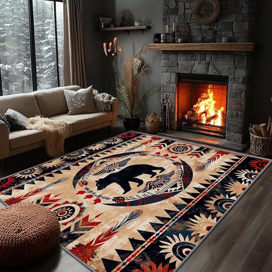 3x5 Rugs, 2x3 Rug, Southwestern Rustic Area Rug, Colorful Geometric Door, Washable & Non - Slip Small Carpet, Home Decor - Đen Đỏ Nâu - Xem 1